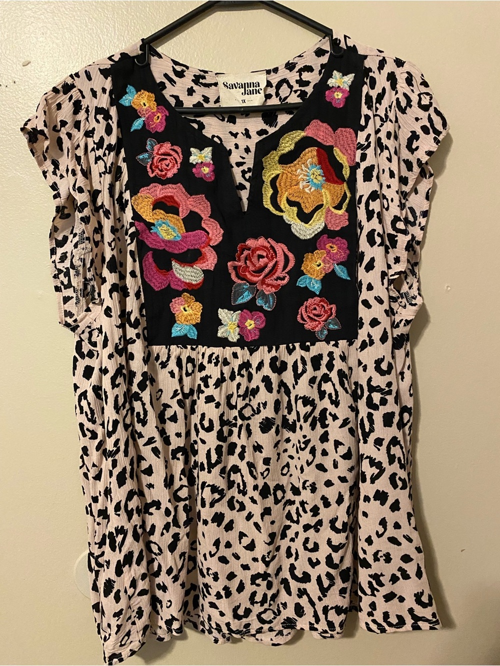 Savanna Jane Blush Leopard Tunic with Black Embroidered Floral Yoke